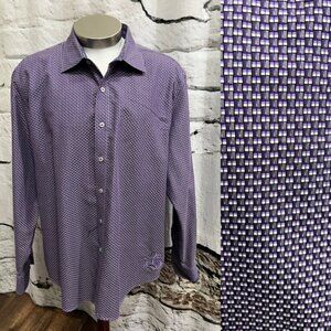 Robert Graham Purple Grey Checkered Button Up‎ Dress Shirt Workwear Classic Geo